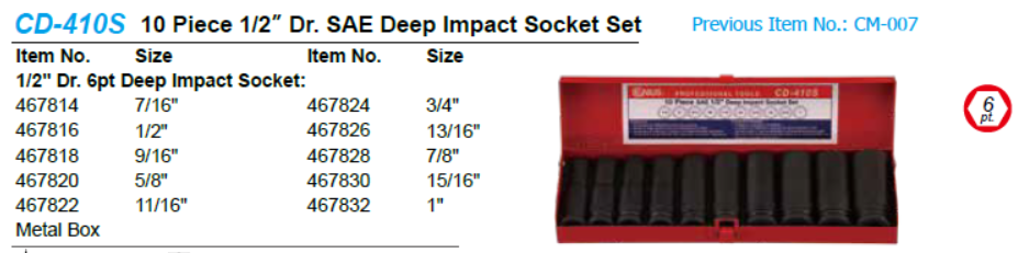 天赋工具1/2"系列10件套英制气动长套筒组CD-410S 天赋工具1/2"系列10件套英制气动长套筒组CD-410S